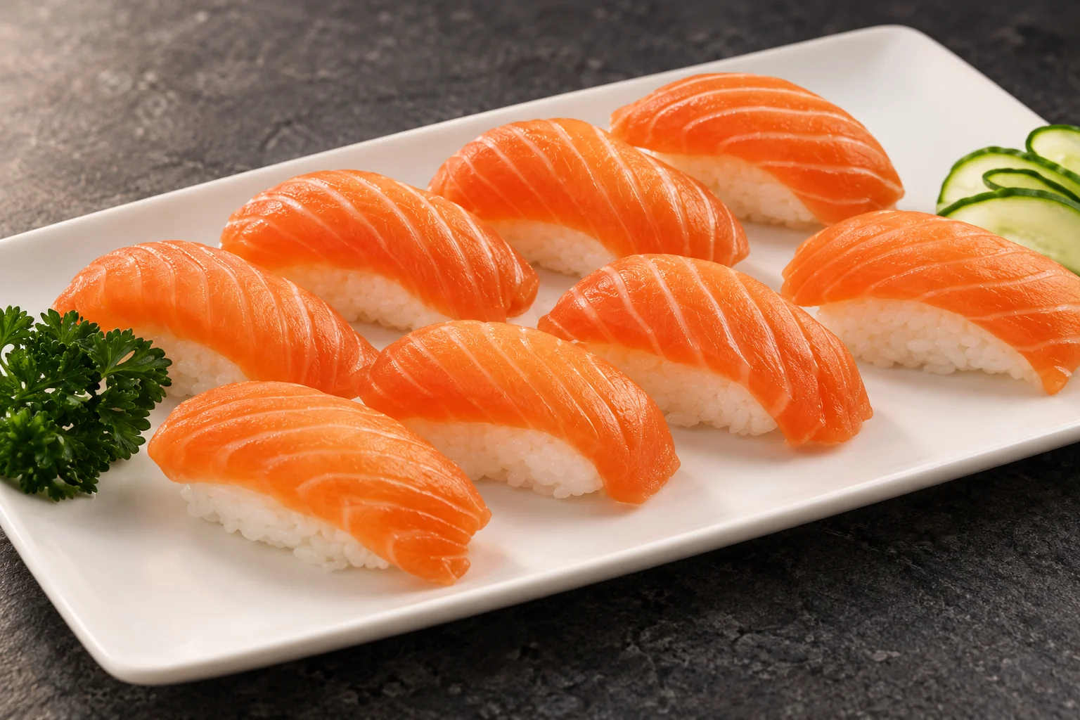 Salmon sushi set menu on a white plate.