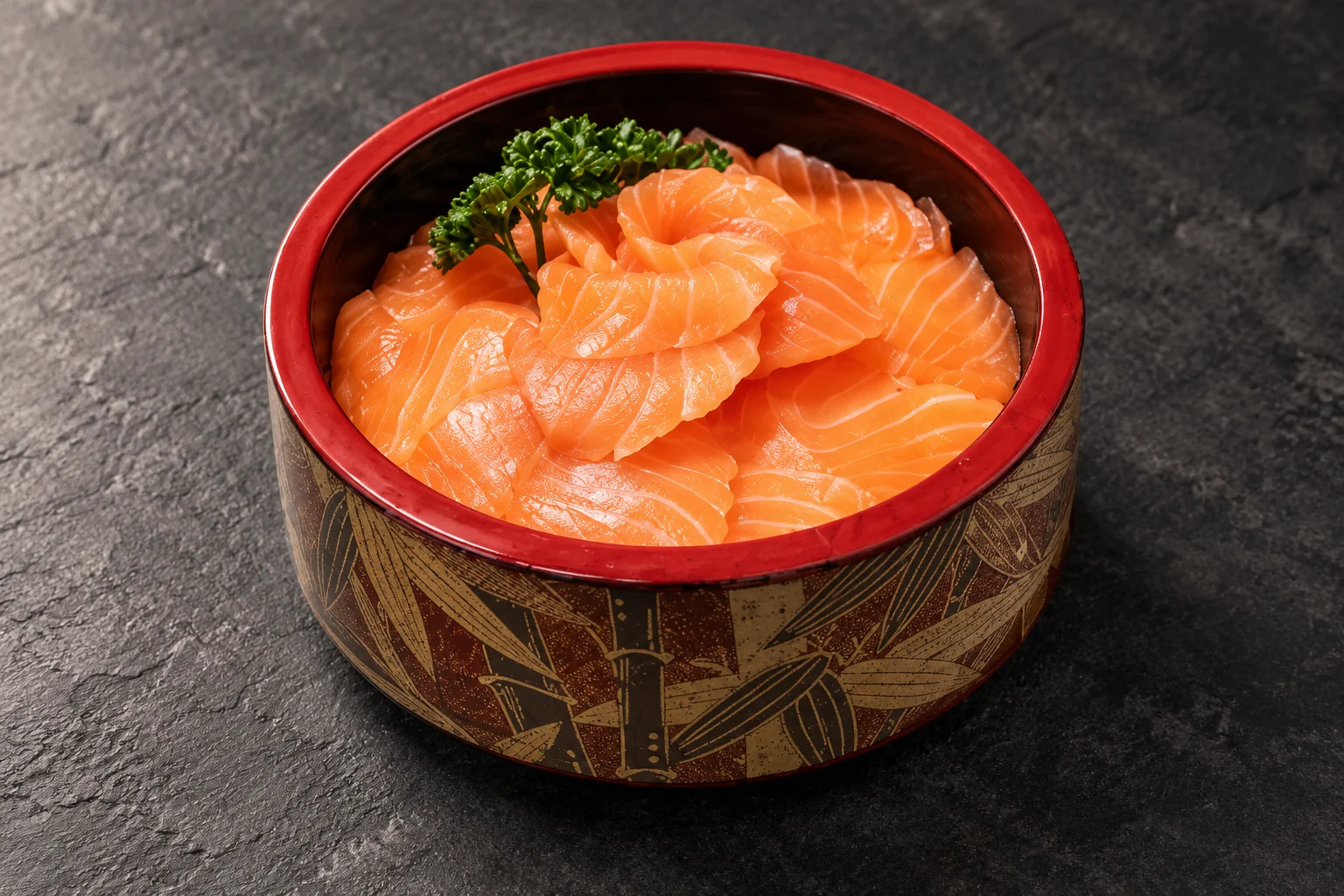 Menu Shake Don in a black and red bowl.
